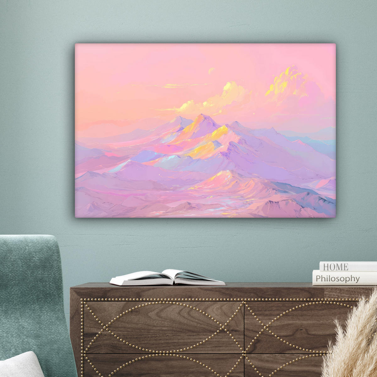 LEINWANDBILD Berggipfel - Wolken - Verträumt Wanddeko 90x60 cm - Hellrosa, Textil (90/60cm) - MuchoWow