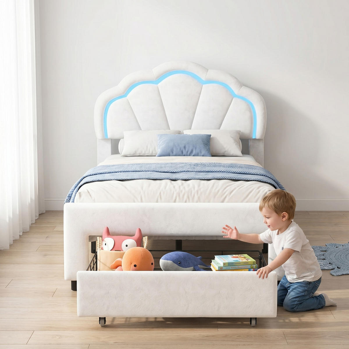 KINDERBETT 90/200 cm weiß mit LED und Schublade - Weiß, Holz - SHOPENTRA