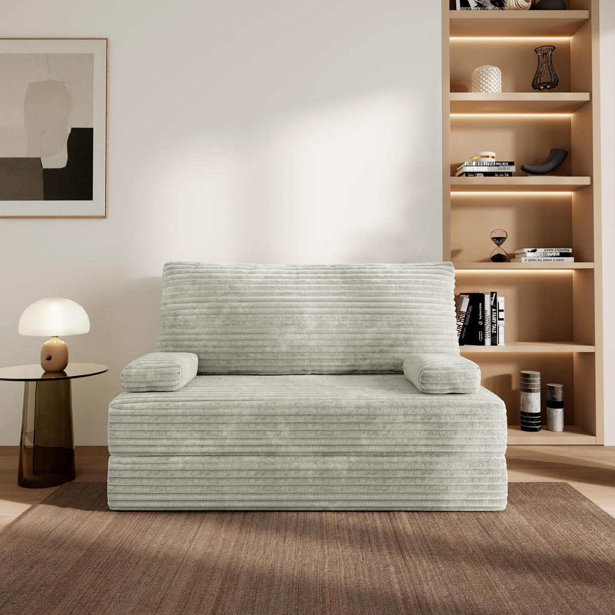 BETTSOFA LADIA aus Schaumstoff Cordstoff Hellgrau Schlaffunktion - Hellgrau, Textil (140/86/60cm) - MASSENO
