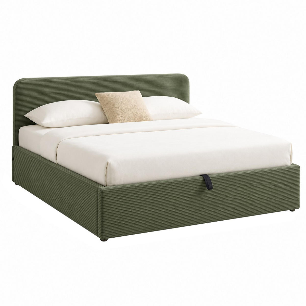 BETT mit Bettkasten 160 x 200 cm mit Kopfteil aus khakifarbenem Cord 170/88/215 cm - Grün, Holz (160/200cm) - Calicosy