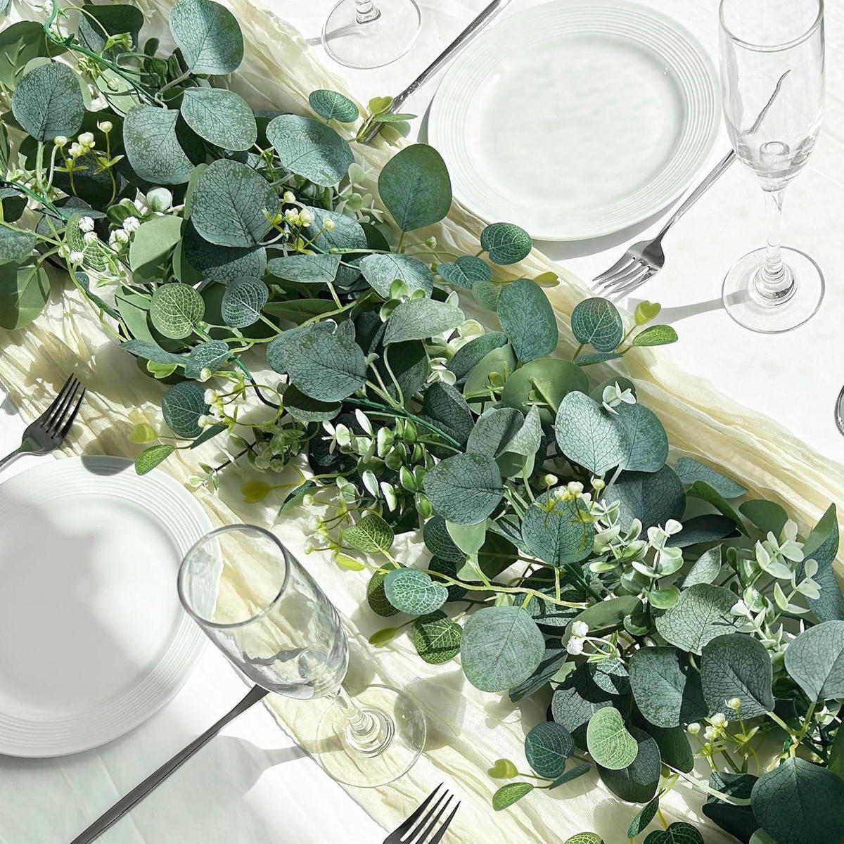 GIRLANDE Eukalyptus 4-teiliges Set 1,8 m Grün mit Weißen Blüten - Grün, Kunststoff (1cm)