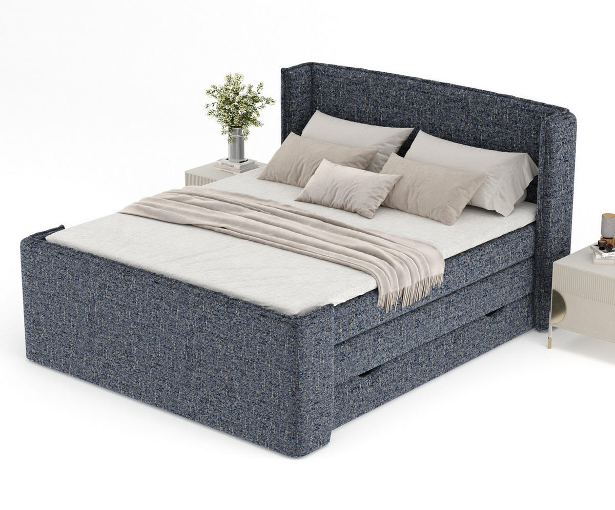 BOXSPRINGBETT Freeland Marineblau 160/200 cm mit Matratze und Topper - Schwarz/Dunkelblau, Holz/Holzwerkstoff (160/200cm) - Maison de Reve