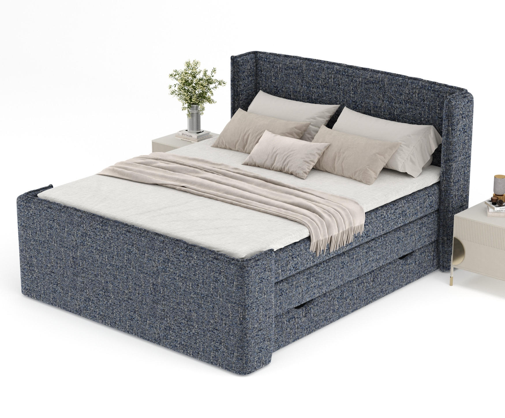 Thumbnail - Maison de Reve Boxspringbett, Dunkelblau, Textil, Buche, Kiefer, H3, Höhe ca. 37 cm, 140x200 cm, Reach, FSC 100%, Made i...