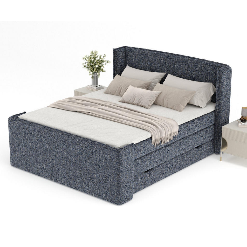 Thumbnail - Maison de Reve Boxspringbett, Dunkelblau, Textil, Buche, Kiefer, H3, Höhe ca. 37 cm, 160x200 cm, Reach, FSC 100%, Made i...