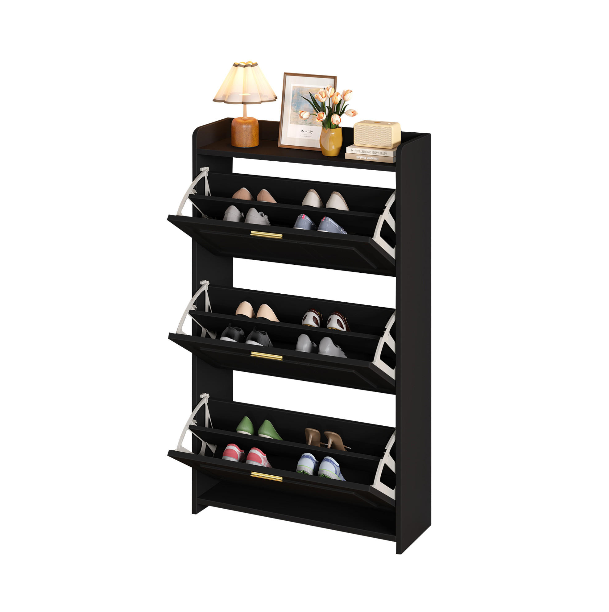 SCHUHSCHRANK aus MDF & Spanplatte 70x24x120cm in Schwarz mit Klapptüren - Schwarz, Holzwerkstoff (70/120/24cm) - Modfu