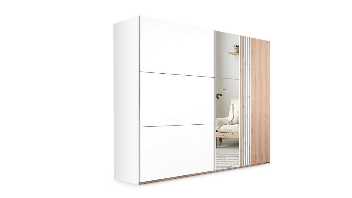 SCHWEBETÜRENSCHRANK ATROX 250/215/65 cm 2-türig mit Spiegel Weiß - Eiche Wotan/Weiß, Holzwerkstoff (250/215/65cm) - MASSENO