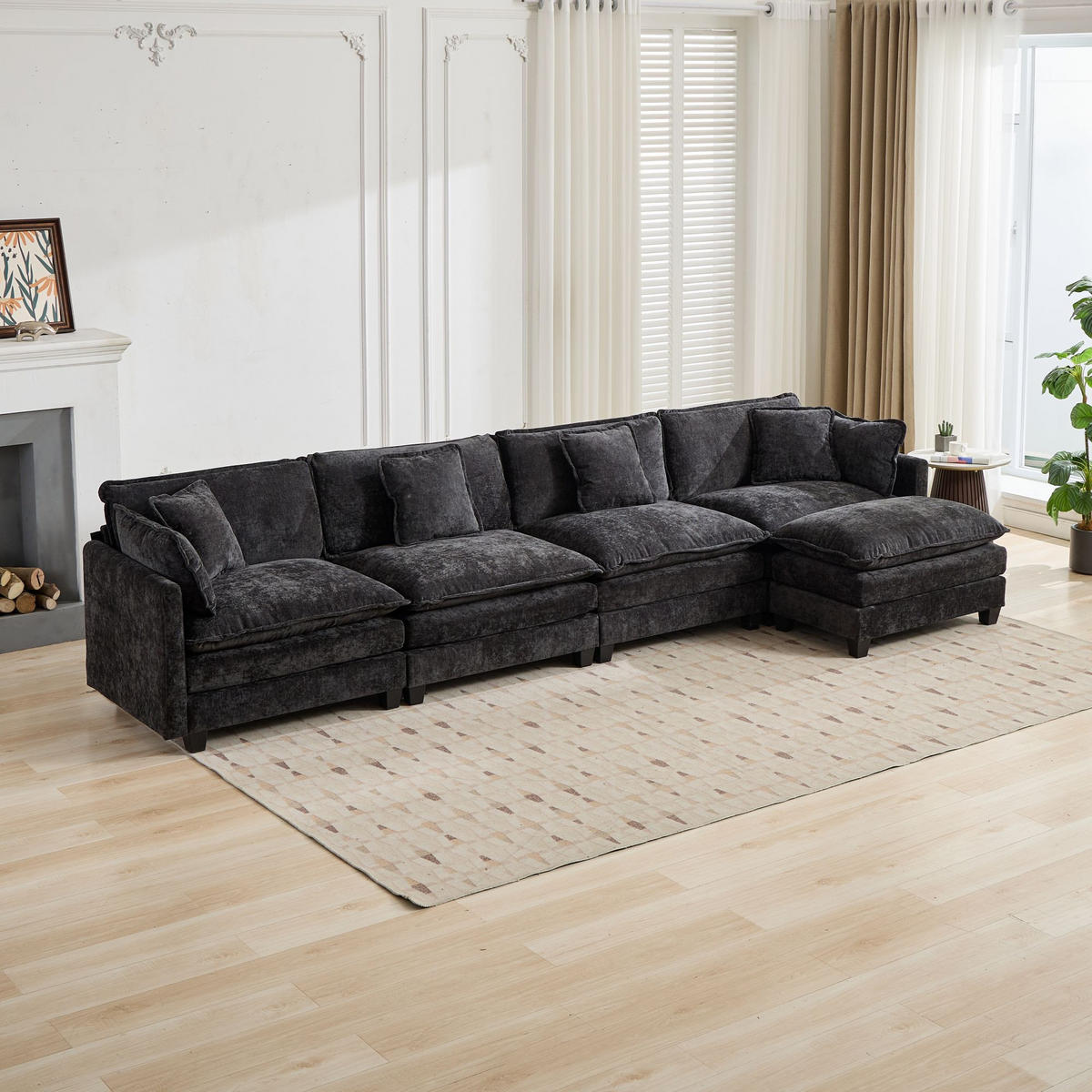 SOFA 4-Sitzer aus Chenille mit flexiblem Moduldesign, schwarz - Schwarz, Textil (75/84/380cm) - Luhomfu