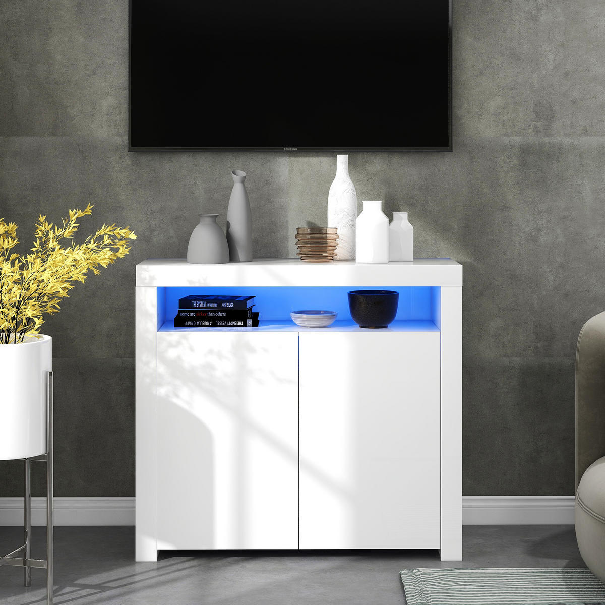 SIDEBOARD 108/40/92 cm in Weiß mit LED-Beleuchtung und Hochglanz-Front - Weiß, Holzwerkstoff (108/92/40cm) - Flora Grace