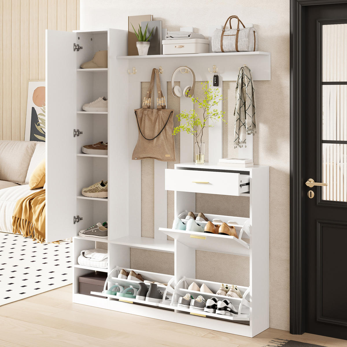 GARDEROBESET mit Spiegel Schuhschrank Haken Weiß Modern - Weiß, Holzwerkstoff (133/180/23.5cm) - FLIEKS
