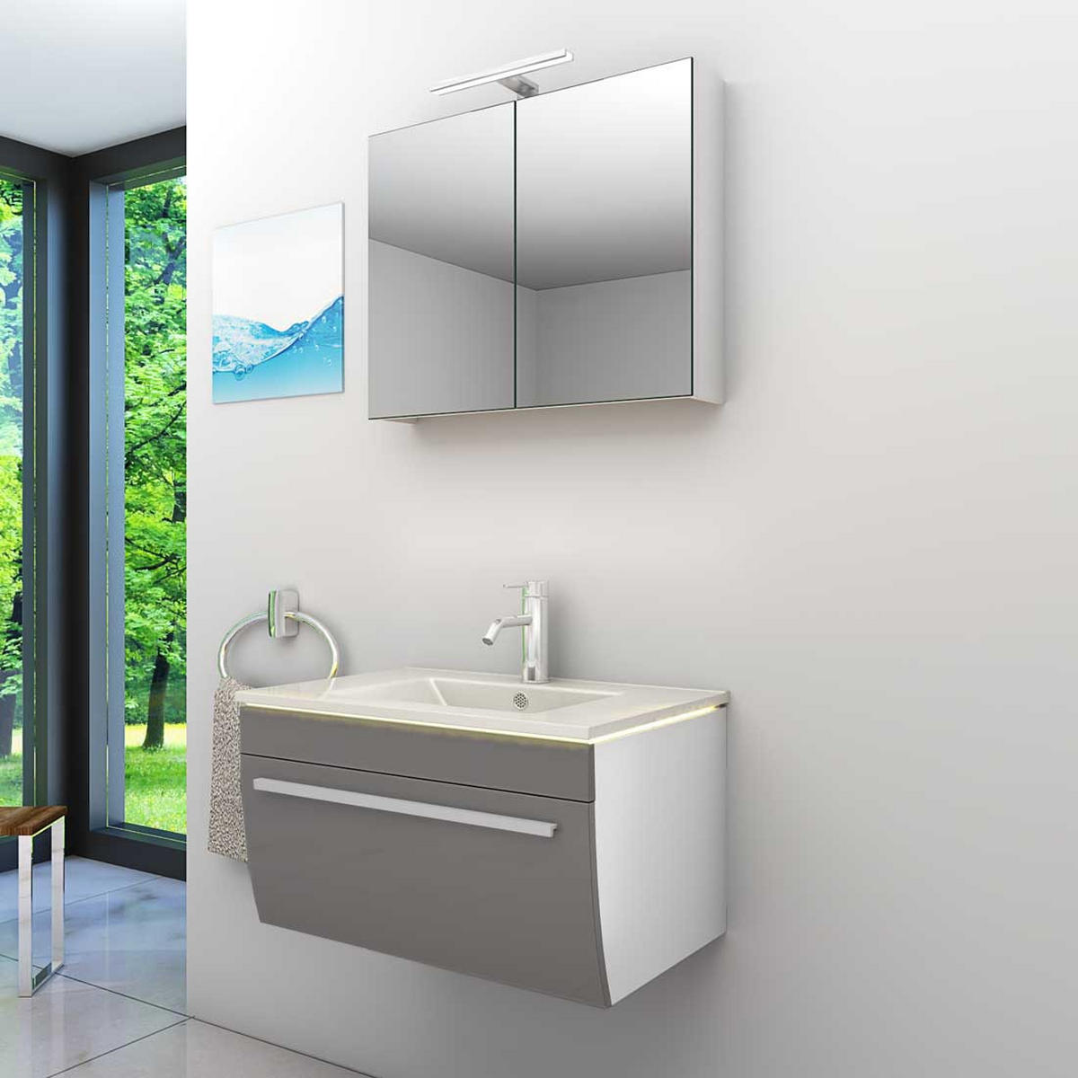 BADMÖBEL Set Gently 3 V1 Weiß/Grau MDF Waschtisch 70cm JA mit 1x 5W LED-Strahler - Grau, Glas/Kunststoff (46/52/60cm) - AcquaVapore by Sandra Jentho