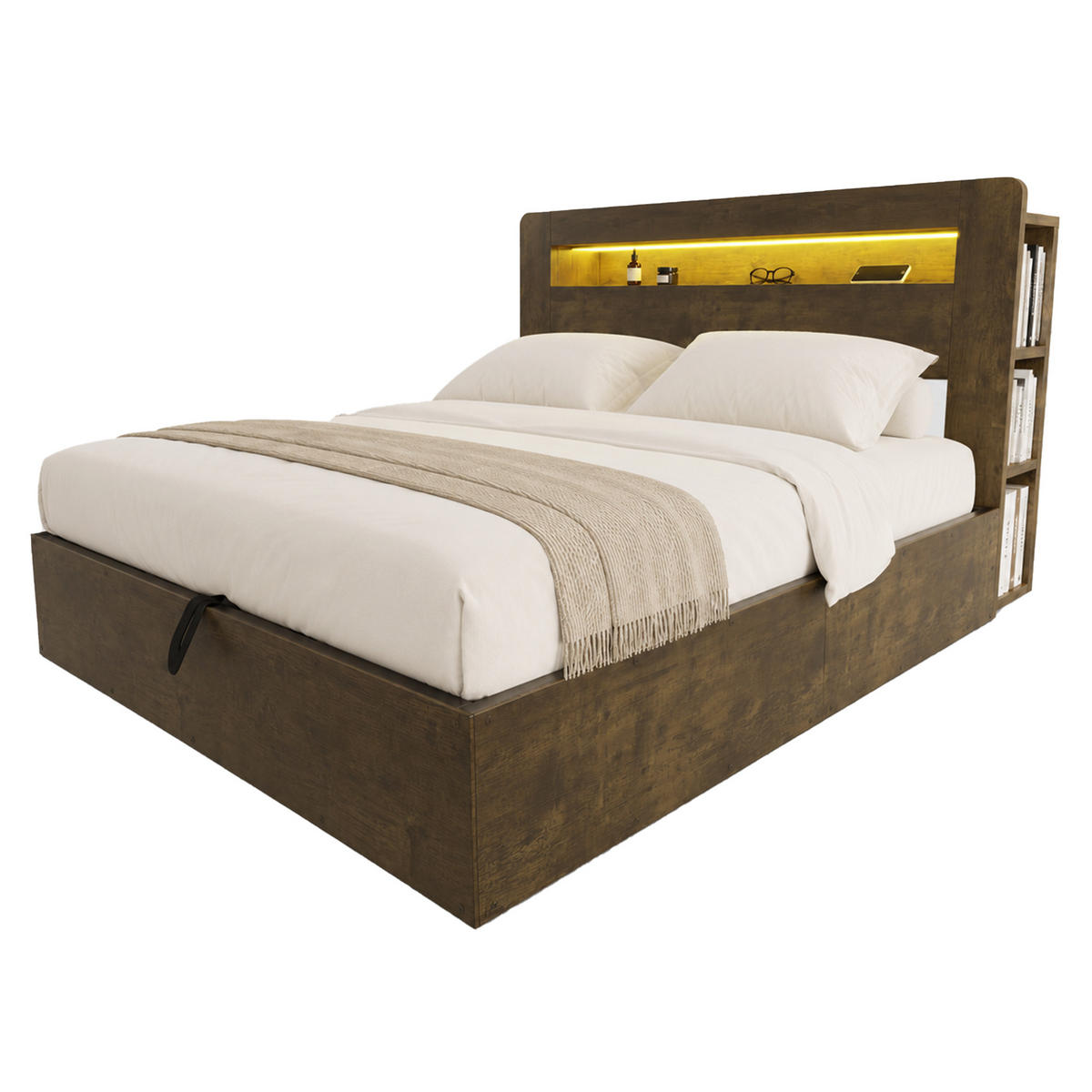 BETT 180/200 cm in Holz mit Bettkasten, LED und Steckdosen - Eichefarben, Holz/Holzwerkstoff (180/200cm) - CHICFURN