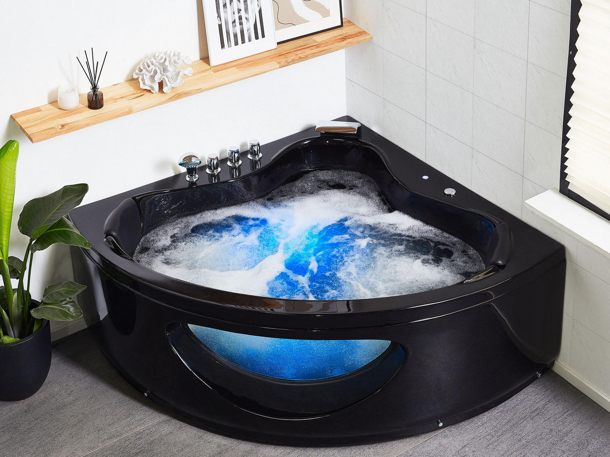 WHIRLPOOL-BADEWANNE mit LED 146x205x61 cm schwarz Tocoa - Schwarz, Kunststoff (146/61/205cm) - Beliani