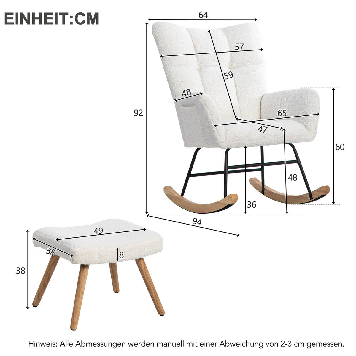 SCHAUKELSTUHL mit Fußhocker und Polsterung weiß 92/65/47 cm - Weiß, Textil (64/92/94cm) - EVRYAE