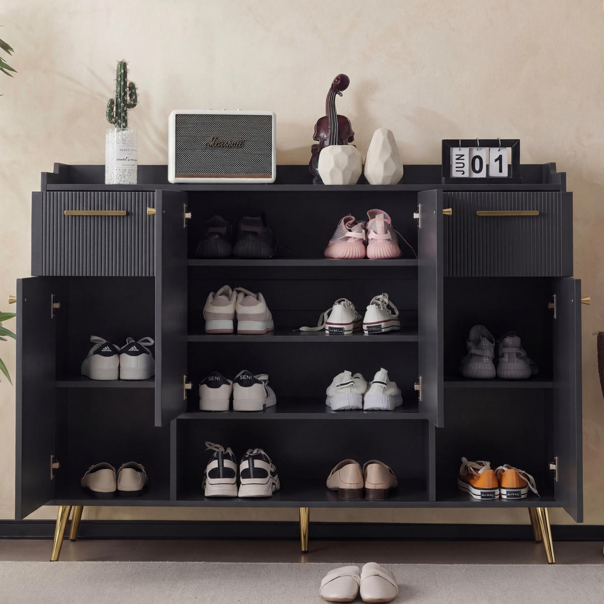 SCHUHSCHRANK Black 130/37/100 cm - Schwarz, Holzwerkstoff (130/100/37cm) - PANGIVO