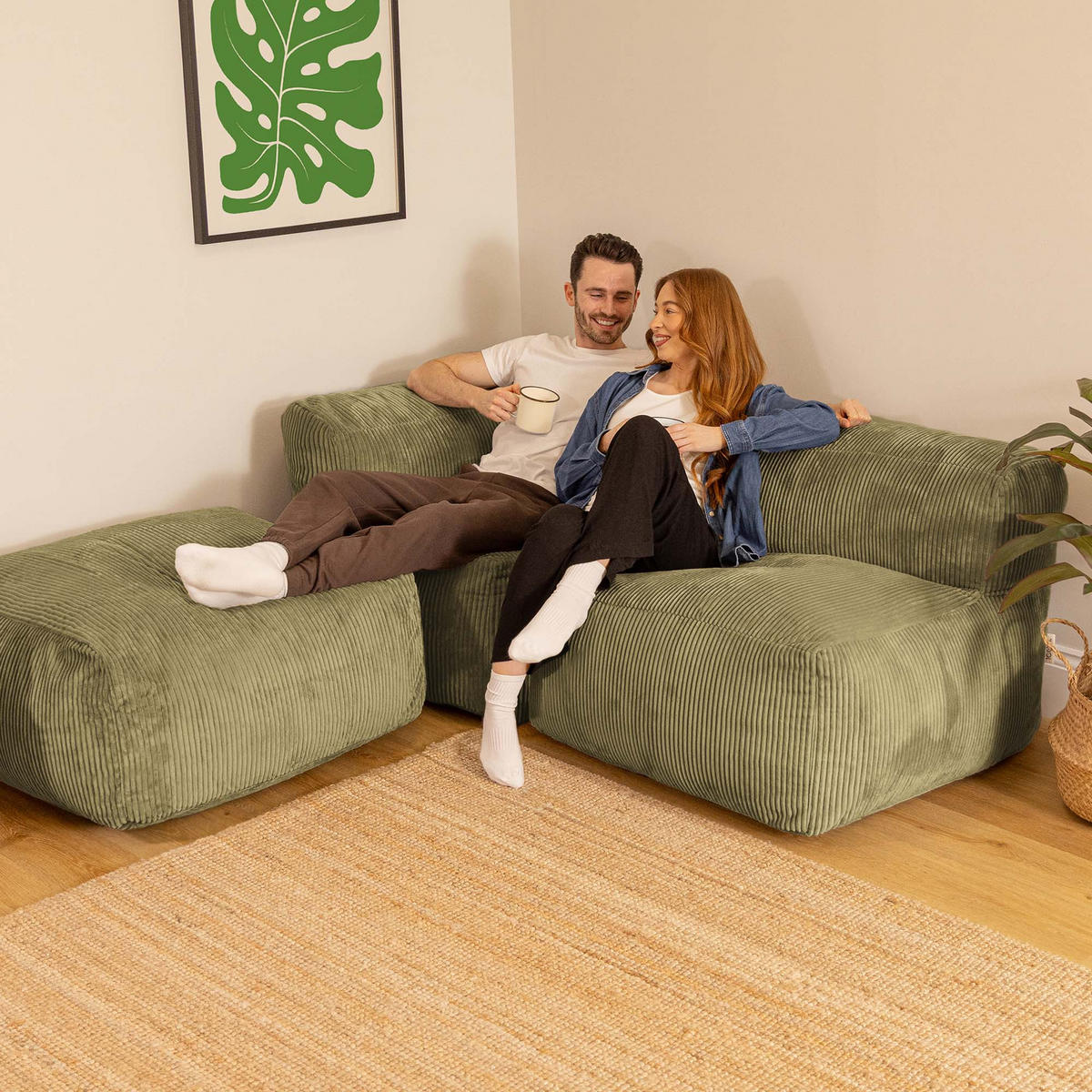 SITZSACK-SOFA 3-tlg. ZEN: Ecksessel, Sessel, Fußstütze - Grün, Textil (290/68/100cm) - icon