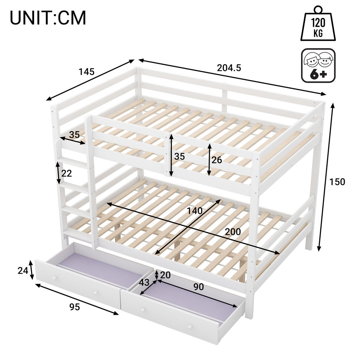 ETAGENBETT, 140x200 cm, mit Stauraumtreppe, Schrank, Weiß - Weiß, Holz (140/200cm) - OKWISH