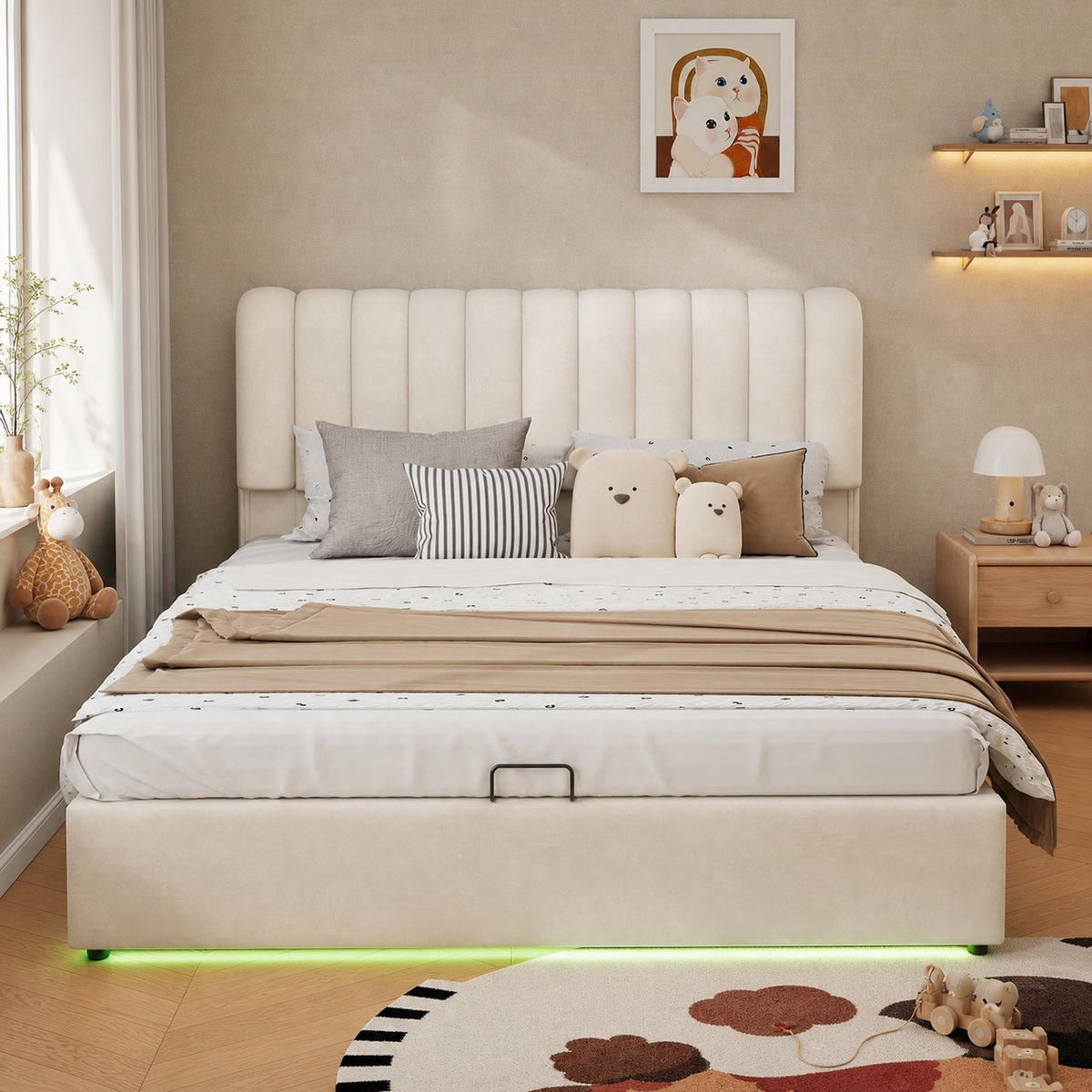 POLSTERBETT 140/200 mit hydraulischem Bettkasten, 3 Schubladen und LED-Lichtleiste in Beige - Beige, Holzwerkstoff/Textil - EVRYAE