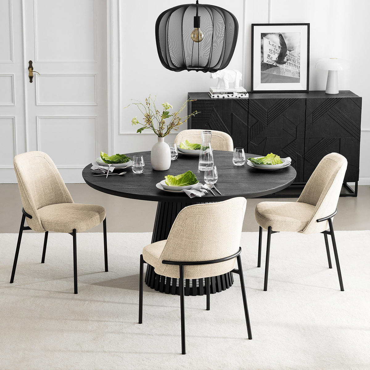 POLSTERSTUHL - Strukturstoff / Stahl, 2er-Set - Creme/Schwarz, Metall (57/85/52cm) - home24