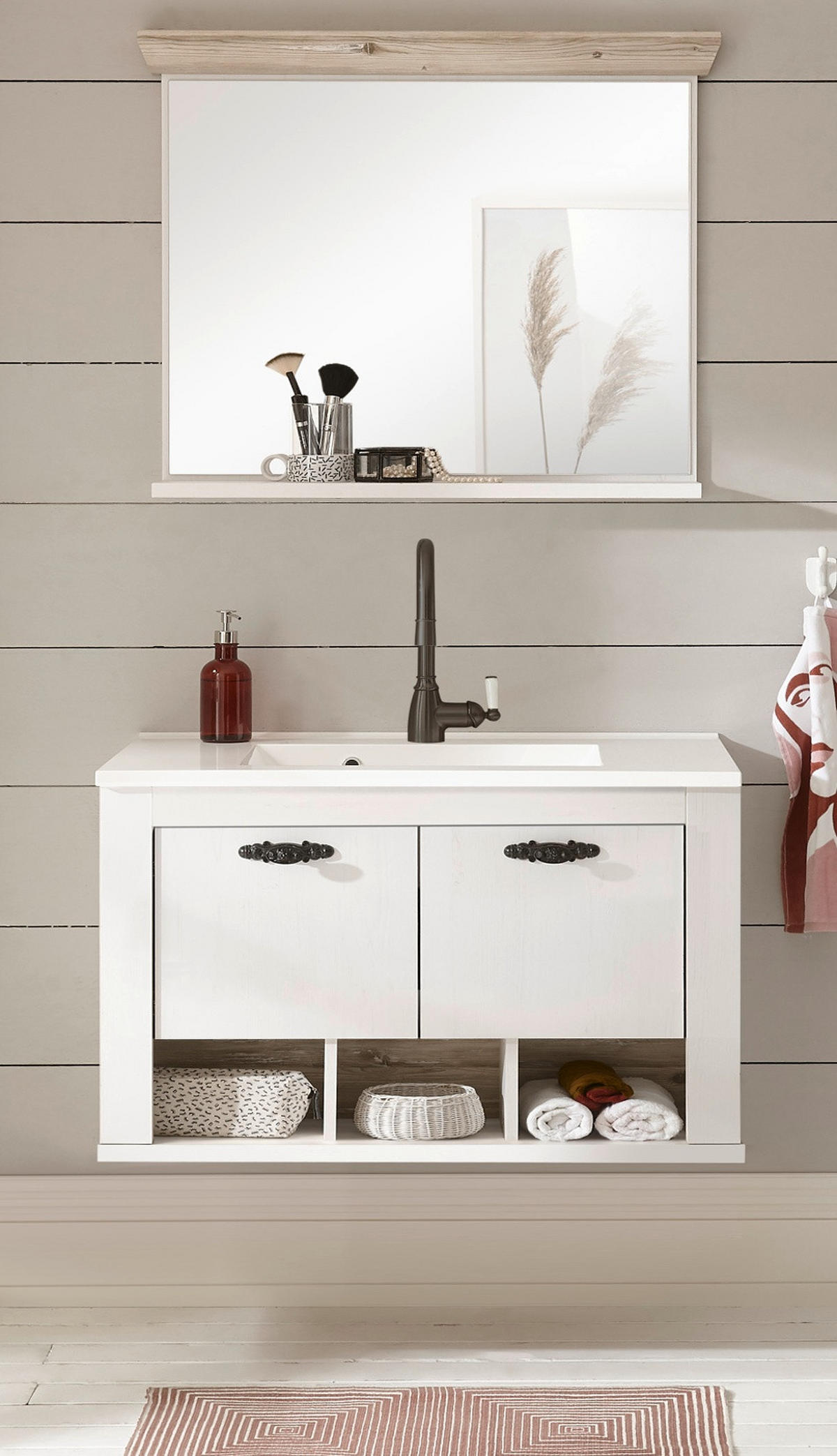 BADKOMBINATION Pinie weiß, Oslo Pinie, Landhaus Badmöbel Set 3-tlg. hängend MIT Waschbecken 81 x 200 cm - Anthrazit/Weiß, Holzwerkstoff/Metall (81/200/46cm) - Furn.Design