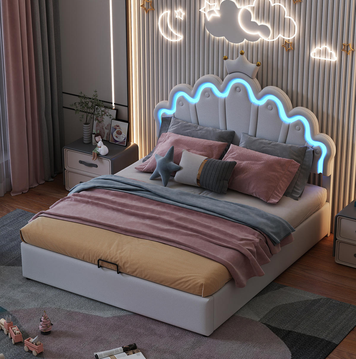 POLSTERBETT mit Stauraum und LED 140x200 cm PU Weiß - Weiß, Metall (140/200cm) - Meubliv