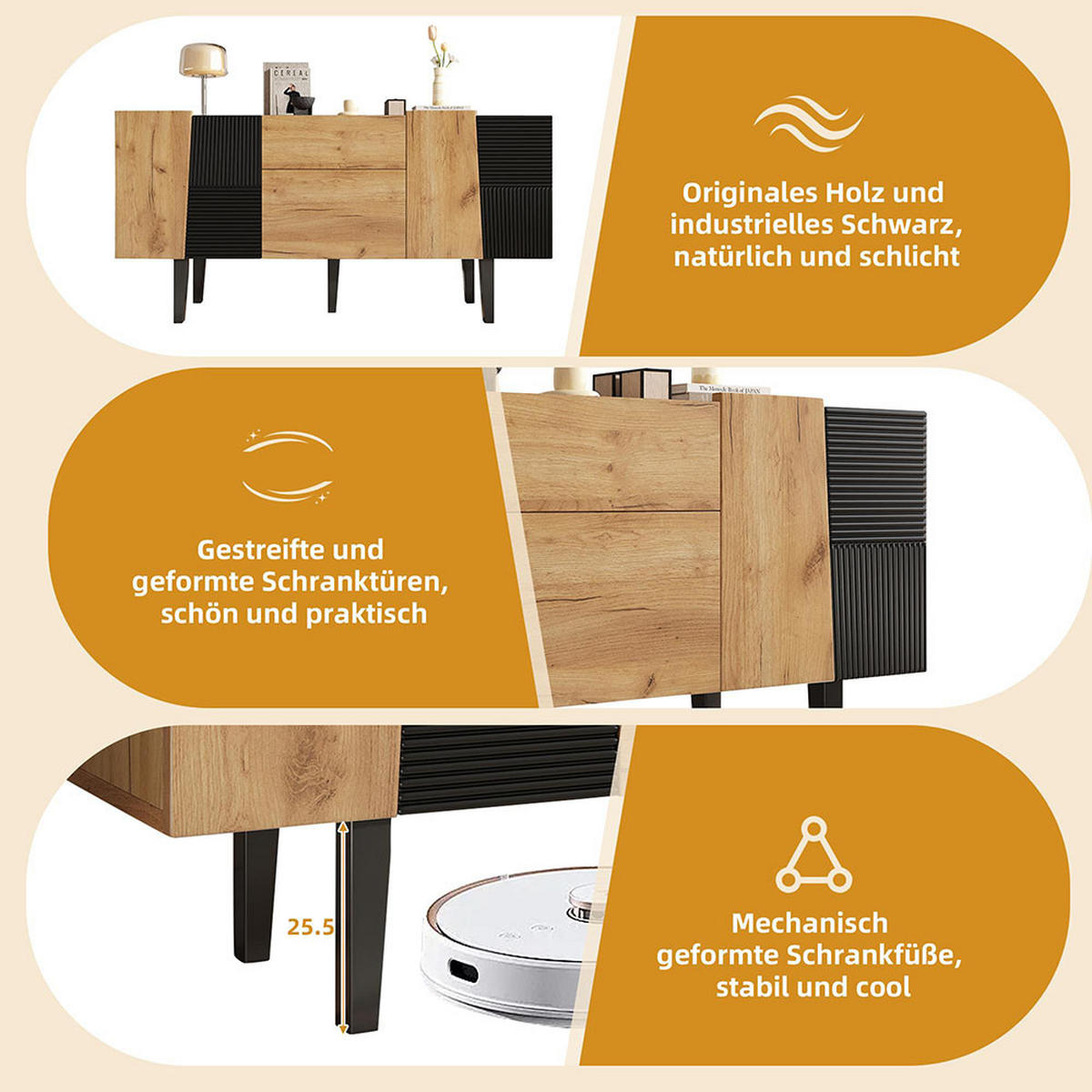 SIDEBOARD mit Massivholzbeinen，Farbe Eiche - Alteiche, Holz (40/70/140cm) - KOMHTOM