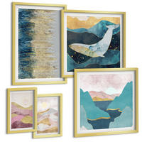 BILDER SET 5er Set - 50x50 cm & 20x30 cm & 40x60 cm Goldrahmen - Abstrakte Berge Sonne - Goldfarben, Kunststoff (40/60cm) - TULUP