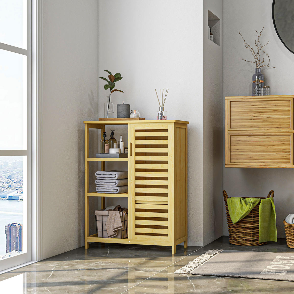 BADSCHRANK mit Schrankfach, 3 Offenen Ebenen, mit Kippschutz, Natur - Naturfarben, Holz (33/87/66cm) - Kleankin
