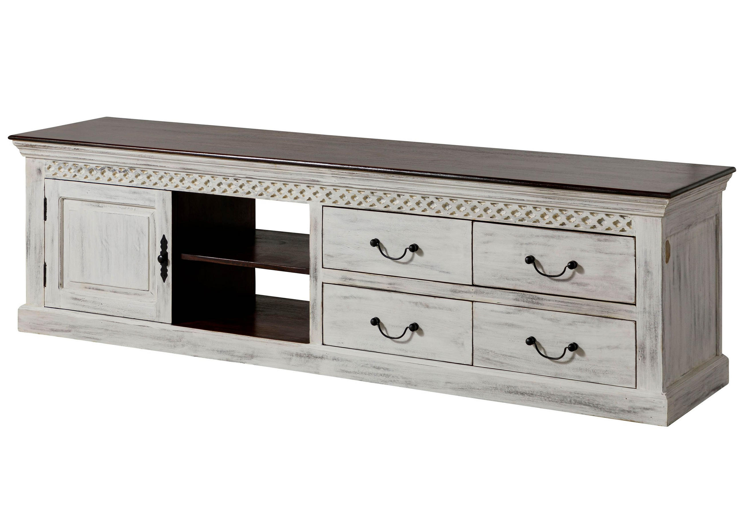 TV-BOARD Mango / Akazie 205x50x60 weiß gewachst CASTLE-ANTIK #115 - Weiß, Holz (50/60/205cm) - Massivmoebel24