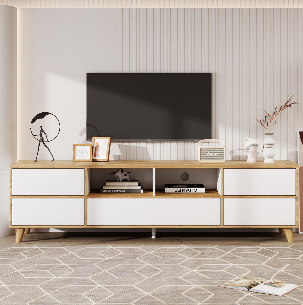 TV-LOWBOARD aus MDF 175x37x51 cm Weiß und Holzfarben mit 4 Türen, offenen Fächern und Holzfüßen - Naturfarben, Holzwerkstoff (175/51/37cm) - Modfu