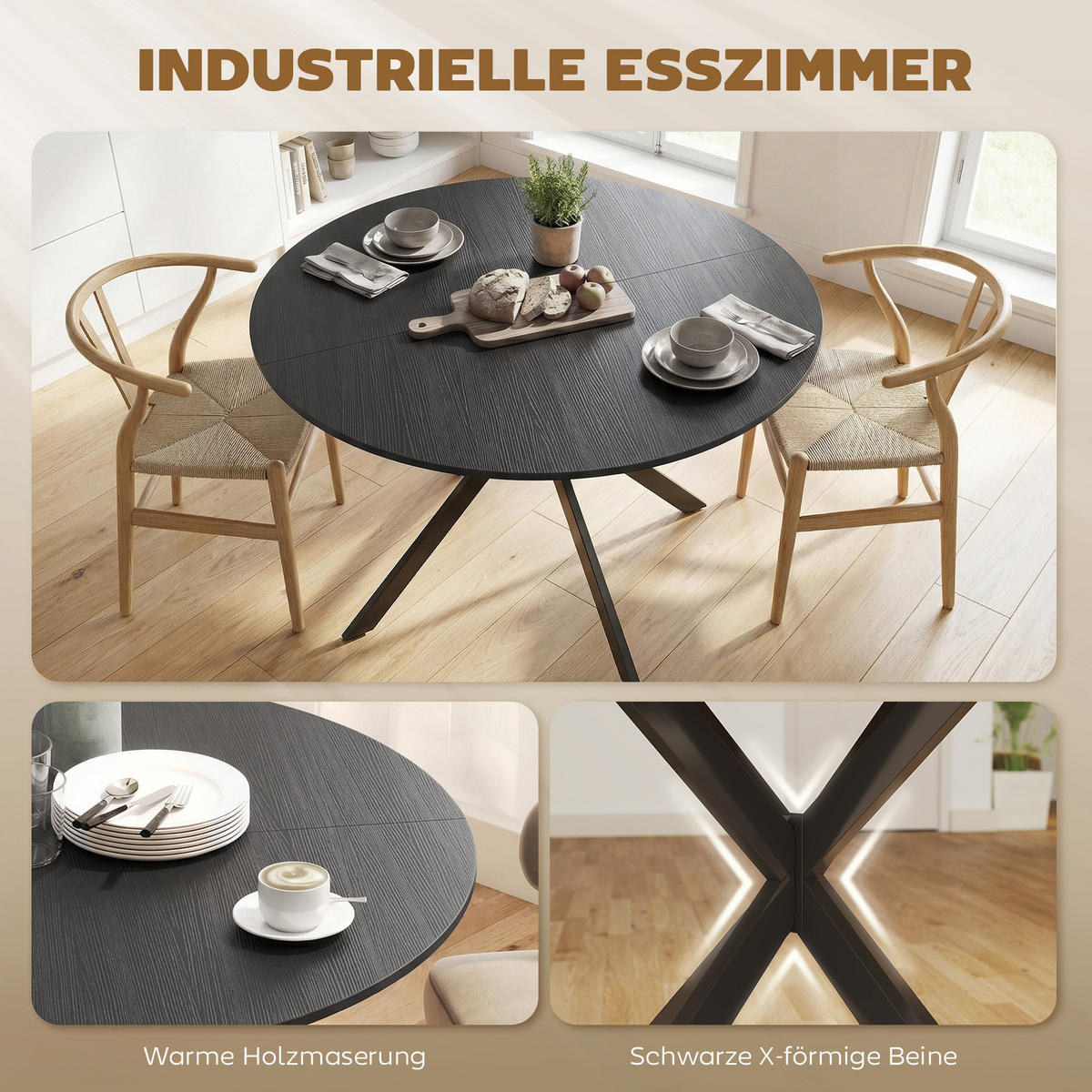 ESSTISCH Schwarz 120/120/75 cm - Schwarz, Metall (120/120/75cm) - PANGIVO