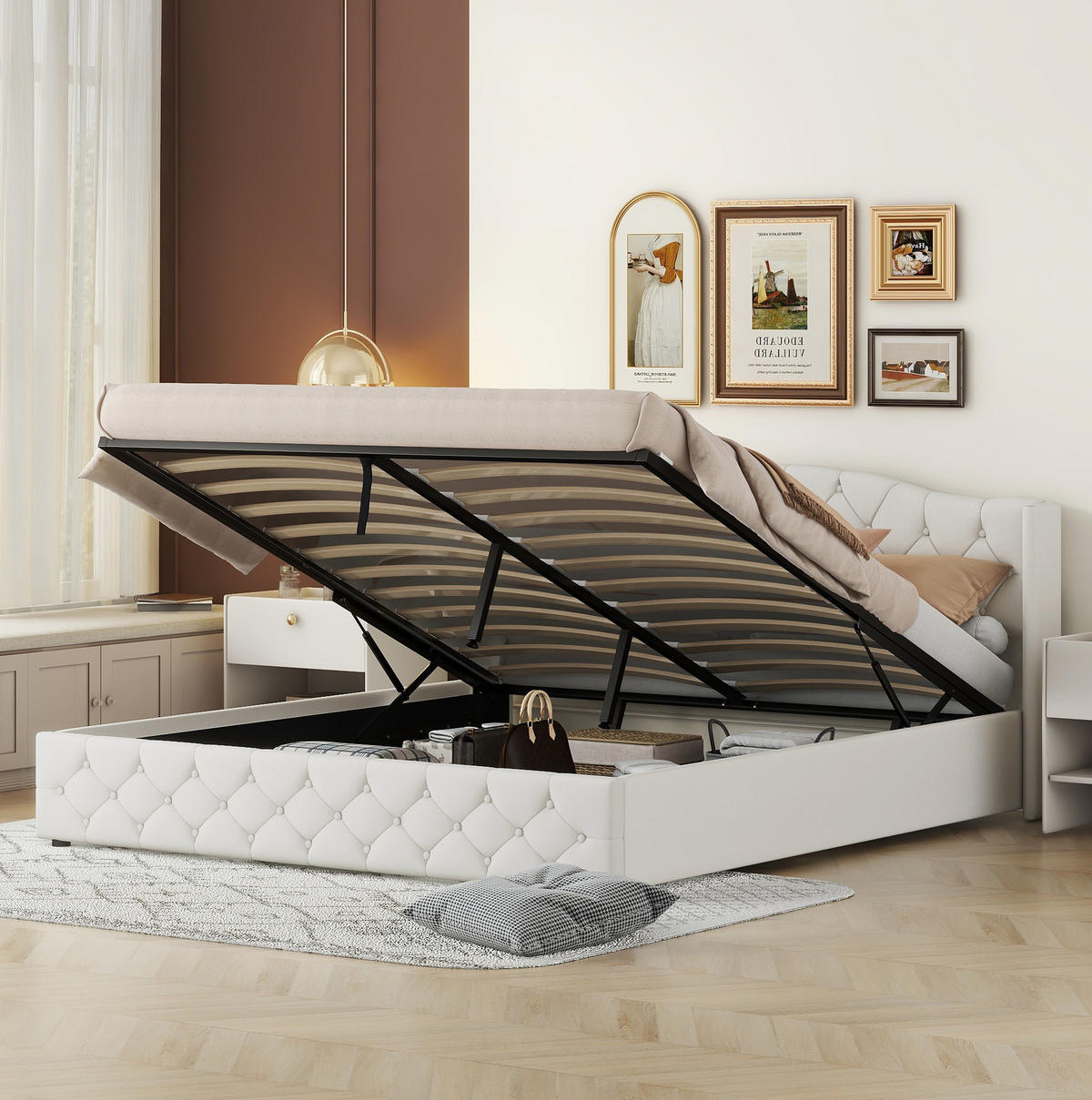 POLSTERBETT 180/200 cm aus Leinen mit hydraulischem Bettkasten Beige - Beige, Textil (180/200cm) - Modenvie
