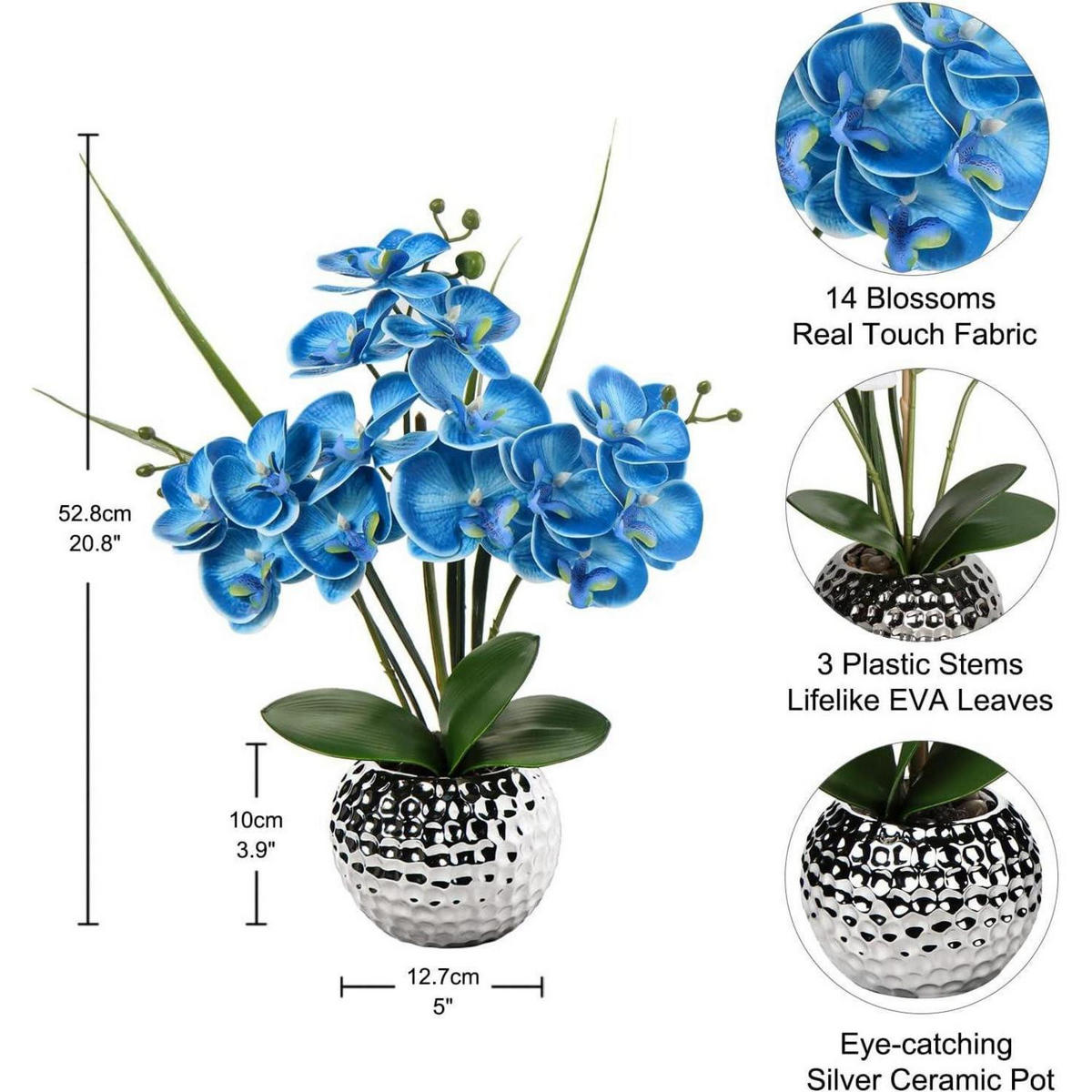KUNSTBLUME Orchidee Phalaenopsis Blau 49 cm - Blau, Keramik (17.5cm)