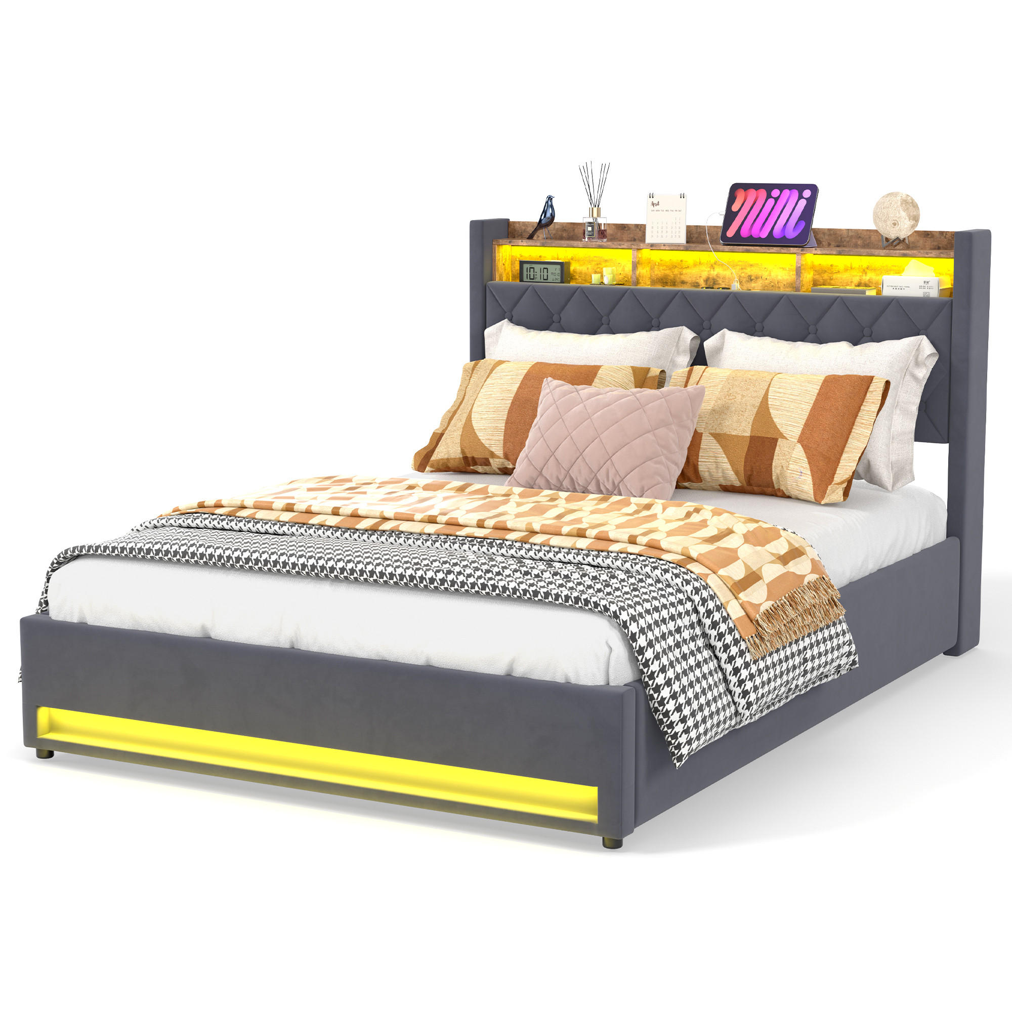 POLSTERBETT 160/200 cm in Grau Samt mit Bettkasten, LED-Beleuchtung und USB-Anschluss - Grau, Holzwerkstoff/Textil (160/200cm) - CHICFURN