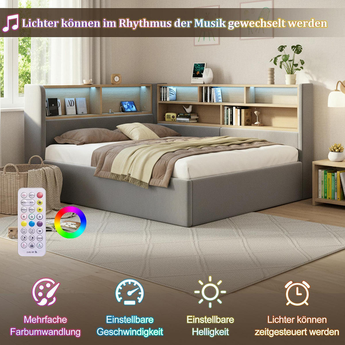 POLSTERBETT 140×200cm mit LED in Grau - Grau, Textil (140/200cm) - KOMHTOM