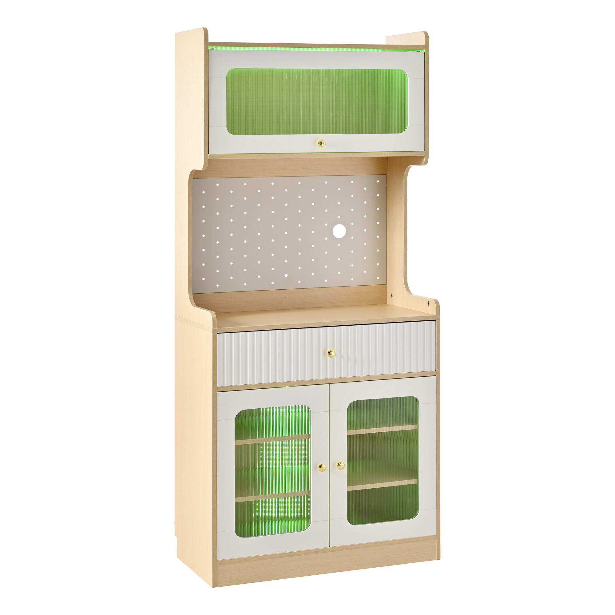 BUFFET Küchenschrank mit Glaselementen, Lochwand & Stauraumfunktion Weiß Mittelgroß Holzwerkstoff - Weiß/Naturfarben, Holzwerkstoff (80/180/40cm) - EVRYAE
