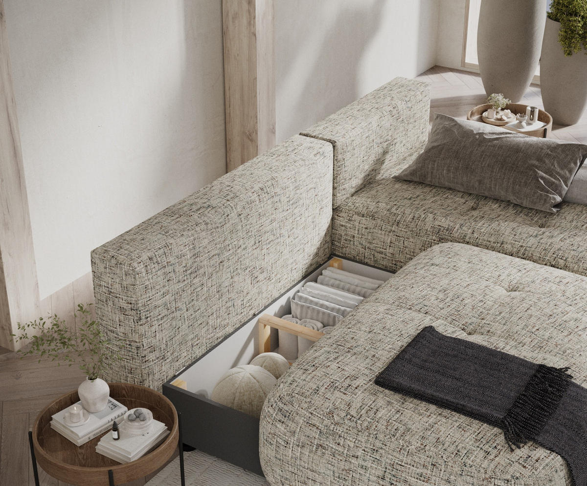 ECKSOFA MIT SCHLAFFUNKTION Batu Beige Webstoff - Hellbraun/Beige, Holz/Holzwerkstoff (223/158cm) - Maison de Reve