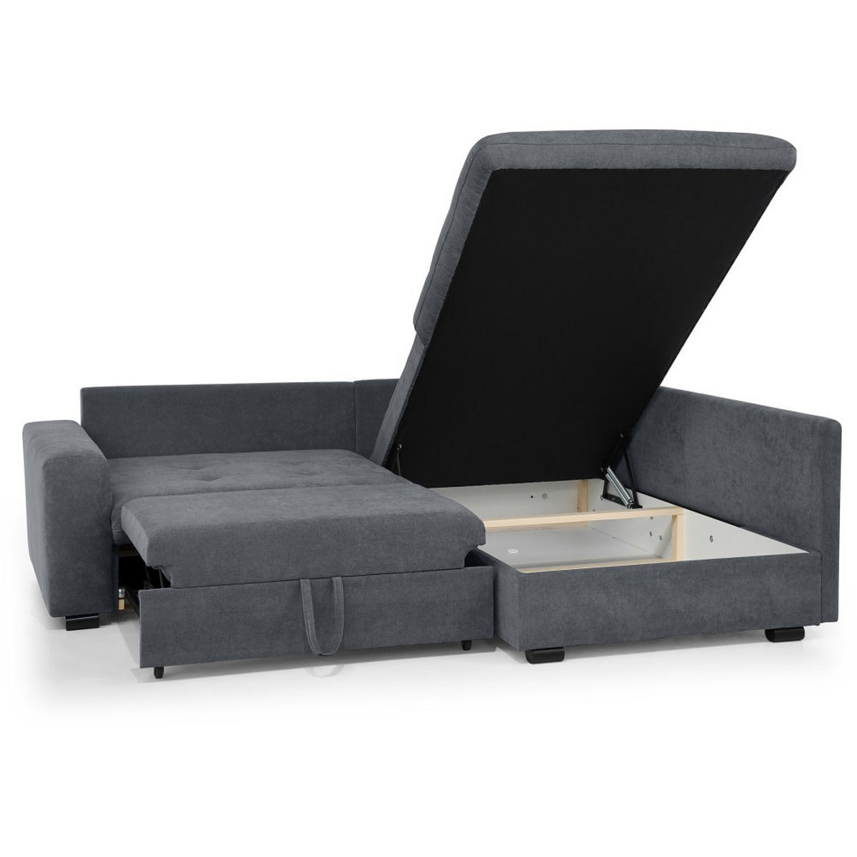 ECKSCHLAFSOFA Ramo mit Bettkasten, Topper gratis, Dunkelgrau, rechts - Dunkelgrau/Schwarz, Textil (229/190cm) - Beautysofa