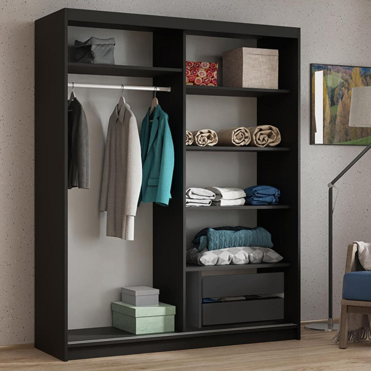 SCHWEBETÜRENSCHRANK Hela 120/205/60 2-türig schwarz mit Schubladen - Schwarz, Holzwerkstoff (120/205/60cm) - Beautysofa