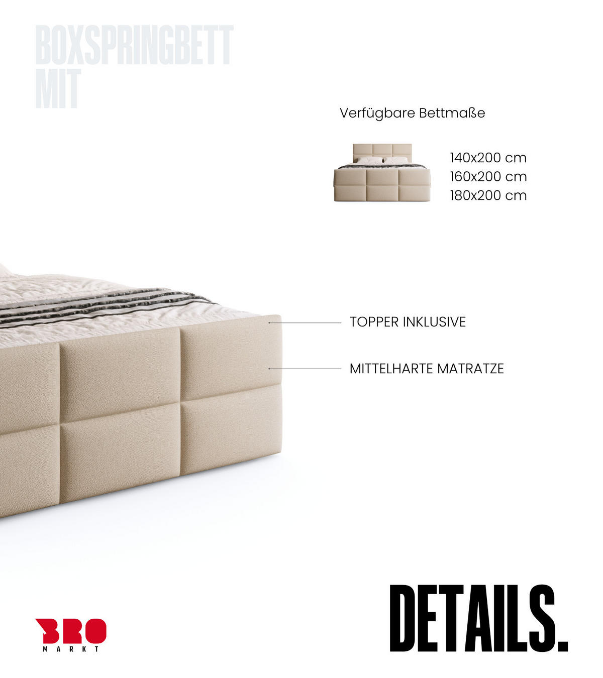 BOXSPRINGBETT Boston Duo Mit Bettkasten, Topper und Matratze Ecru Cosmic 10 140x200 cm - Ecru/Schwarz, Textil (140/200cm) - Bromarkt
