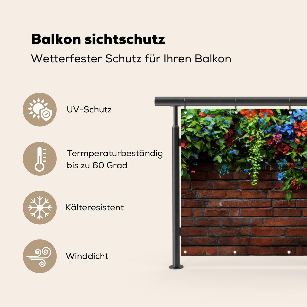 BALKON-SICHTSCHUTZ Blumen - Wand - Grün - Orange - Rotbraun, Kunststoff (200/90cm) - MuchoWow