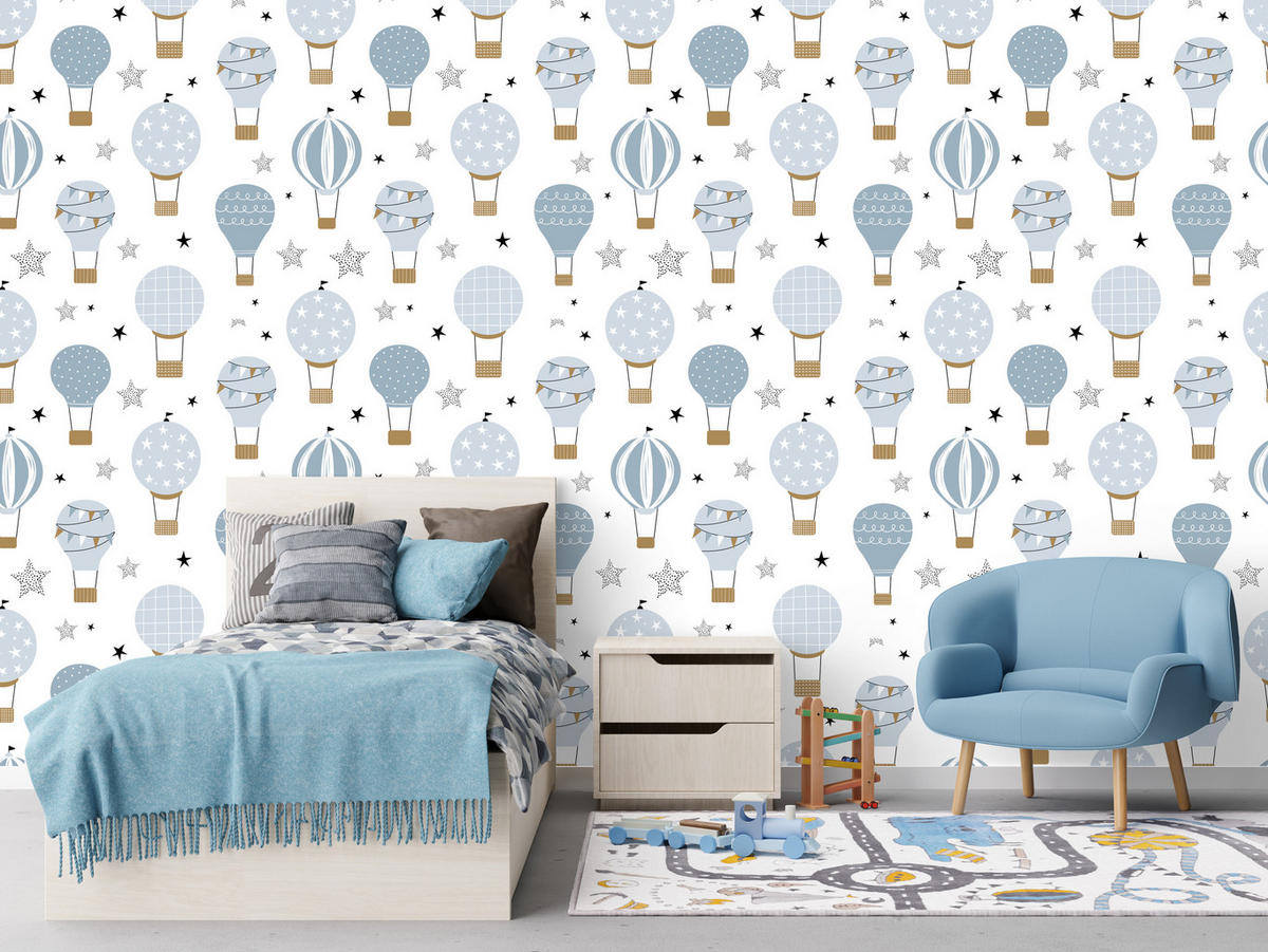 VLIESTAPETE Heißluftballons und Sterne – Hellblau, Beige, Weiß – 50x1000 cm - Beige/Weiß, Papier (50/1000cm) - Muralo