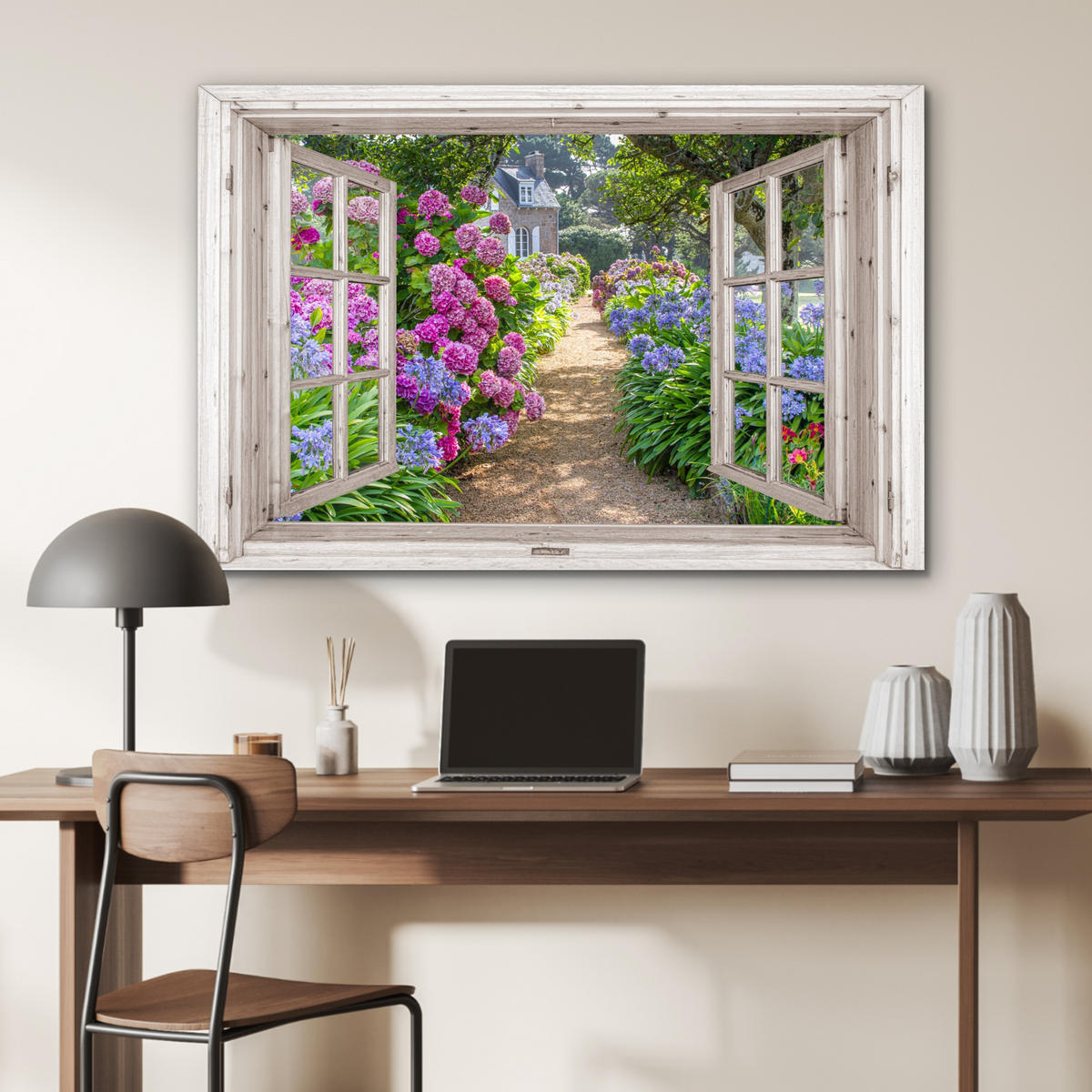 METALLBILD Hortensie - Fensterblick - Blumen - Sommer - Lila - Weg 120x80 cm - Lila, Metall (120/80cm) - MuchoWow