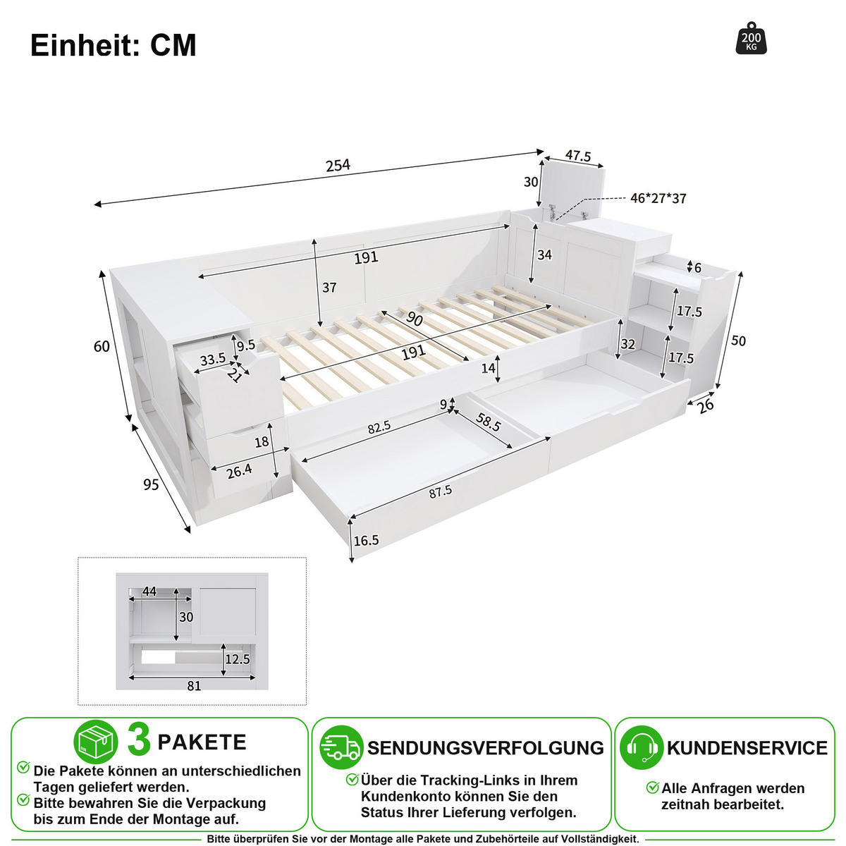 KINDERBETT 90/190 cm in Weiß mit Schubladen und Stauraum - Weiß, Holzwerkstoff (90/190cm) - CHICFURN