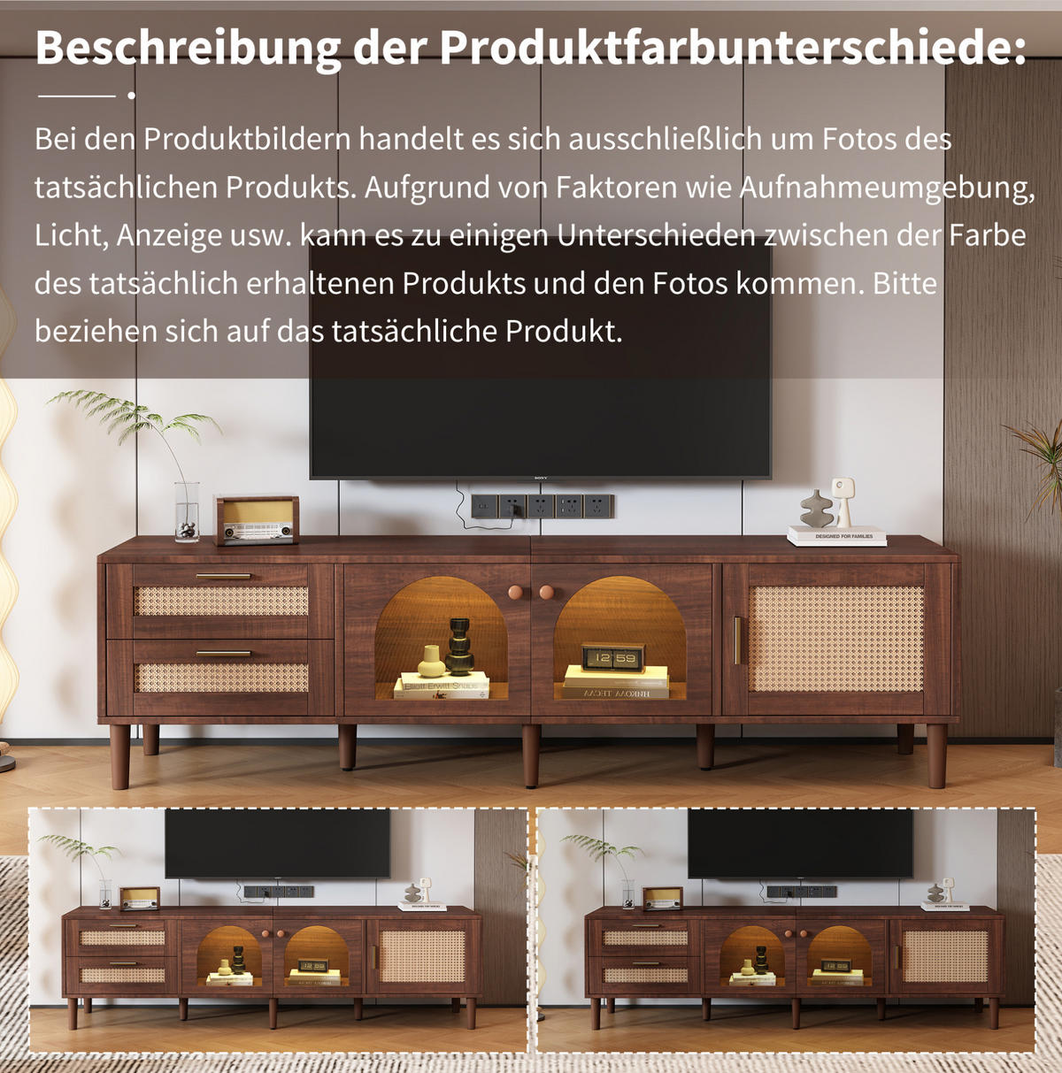 TV-LOWBOARD aus Spanplatte 180x40x50 cm Braun mit LED-Beleuchtung, Rattanschubladen und Glastüren - Braun, Holzwerkstoff (180/50/40cm) - IVMEU