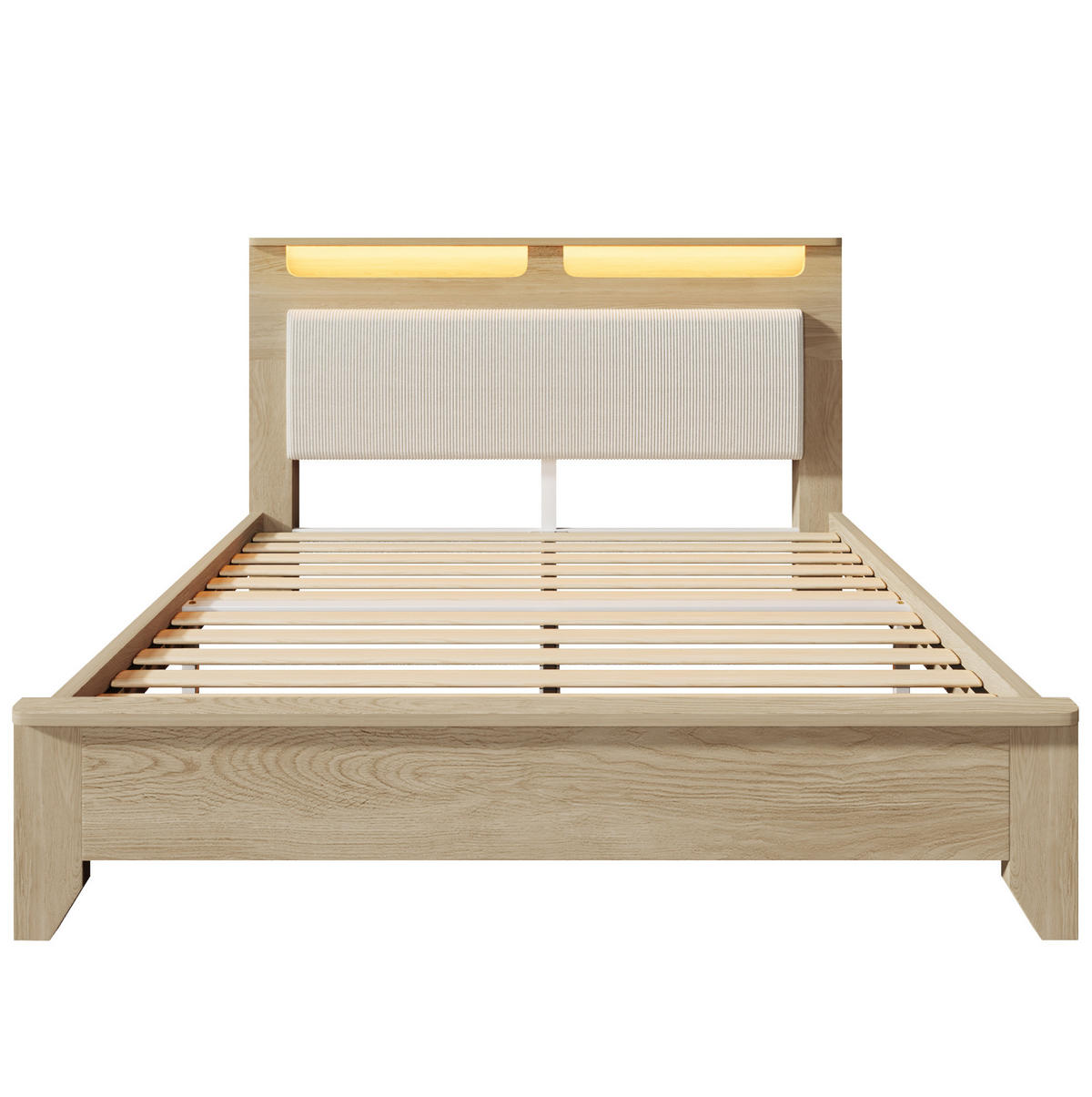 POSTELJA z okvirjem iz lesa in MDF 160x200 cm v barvi hrasta in bež s kordurojskim vzglavjem, LED osvetlitvijo in prostorom za shranjevanje - bež, tekstil (160/200cm) - Modfu