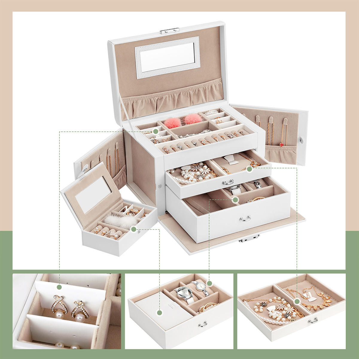 SCHMUCKKÄSTCHEN mit 2 Schubladen und Spiegel - Weiß - 26/18/17 cm - Weiß, Holzwerkstoff (18/17/26cm) - Calicosy