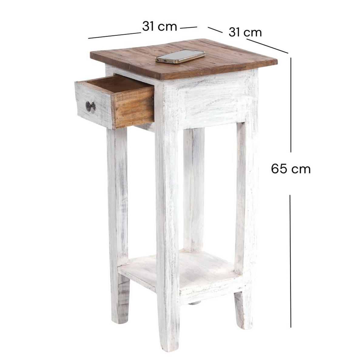 TELEFONTISCH DRAWER 65 Mahagoni Recyclingholz, mit Schublade 05 weiß-natur - Multicolor, Holz (31/31/65cm) - DESIGN DELIGHTS