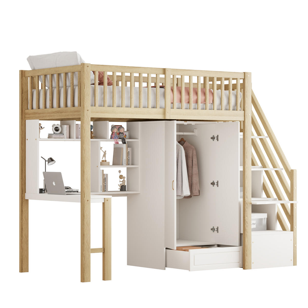 HOCHBETT 90/200 cm mit Kleiderschrank, Schreibtisch und Stauraumtreppe - Naturfarben, Holz (90/200cm) - Flora Grace