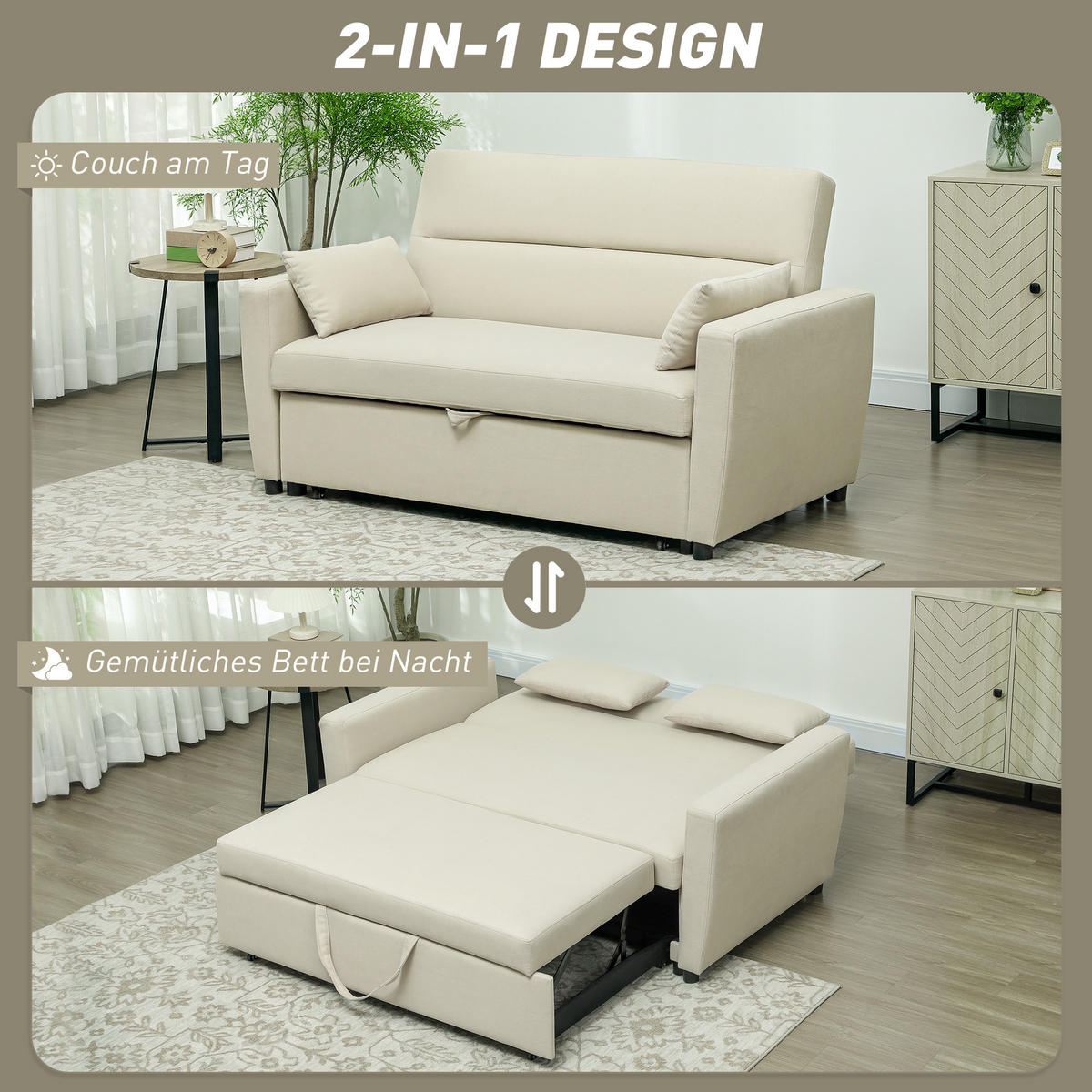 SCHLAFSOFA 2-Sitzer, Verstellbare Rückenlehne, Beige - Beige, Textil (155/88.5/90cm) - HOMCOM