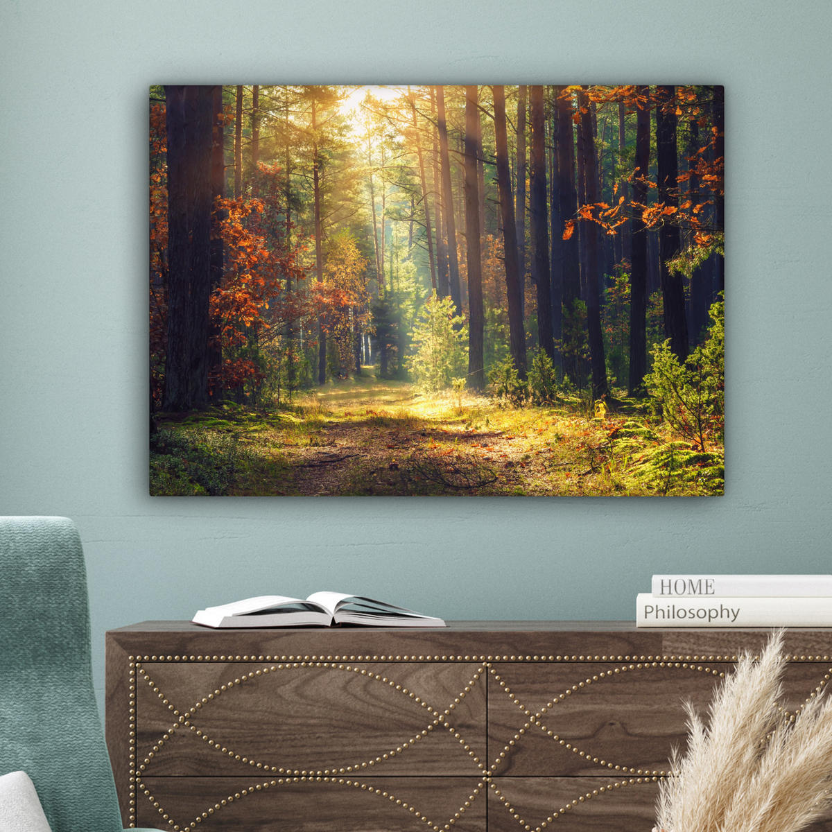 LEINWANDBILD Wald - Herbst - Bäume Wandbilder 80x60 cm - Dunkelgrün, Textil (80/60cm) - MuchoWow